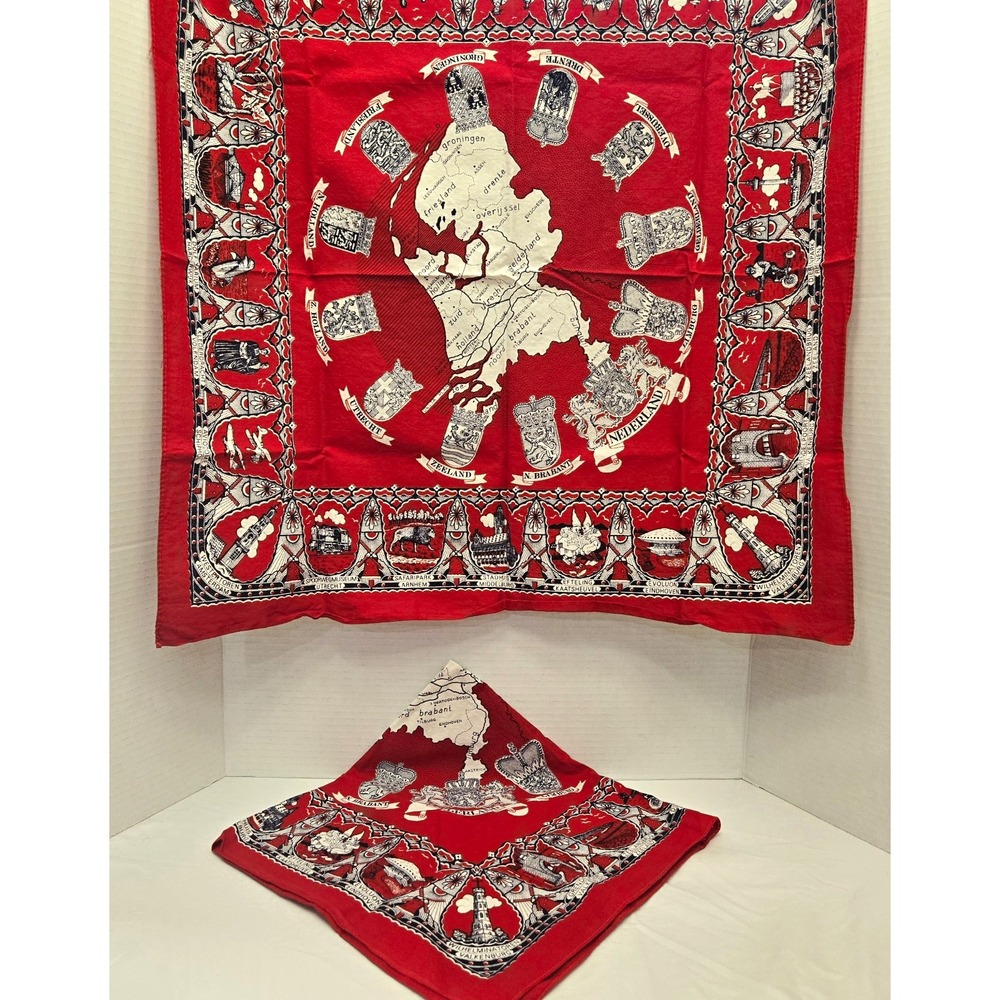 Lot of 2 Vintage Netherlands Map Print Square Red Cotton Bandanas - EUC